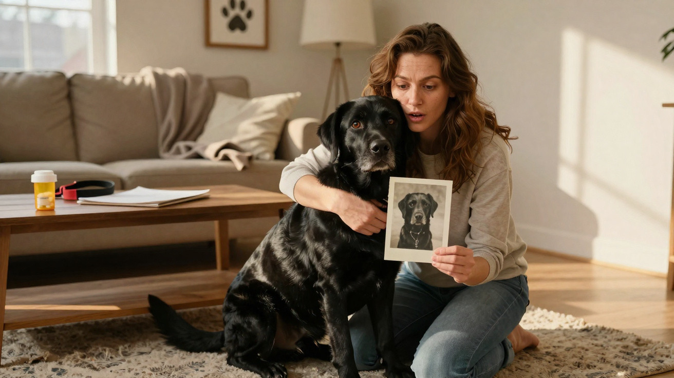 Mulher abraça cão preto e segura uma fotografia dele, ambos sentados em sala de estar iluminada.