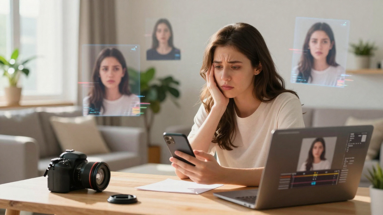 Jovem mulher preocupada videochamando, com múltiplos retratos digitais flutuando à sua volta em casa.