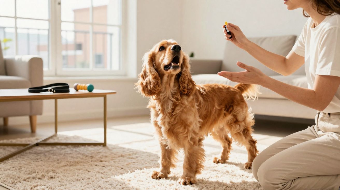 Pessoa treinando um cachorro em casa numa sala iluminada com tapete branco e sofá cinzento.