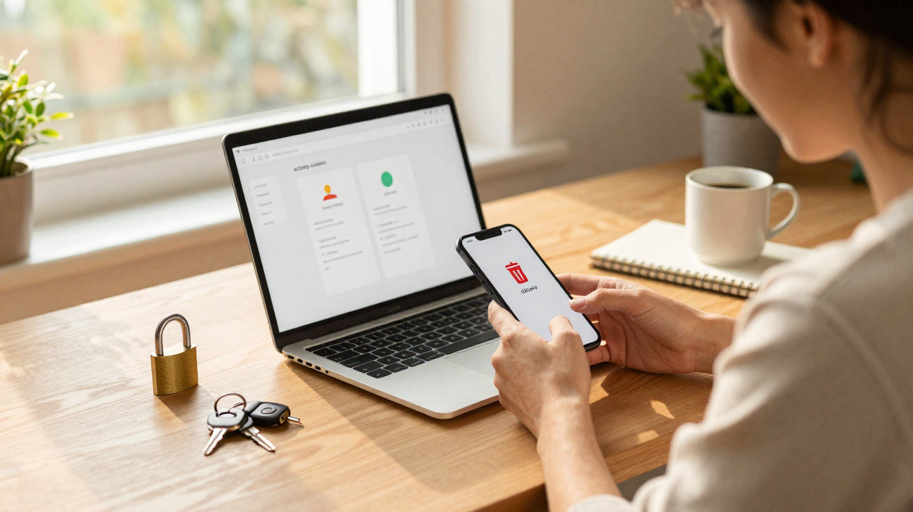 Pessoa a usar smartphone com aplicativo de segurança ao lado de computador portátil e cadeado numa secretária.