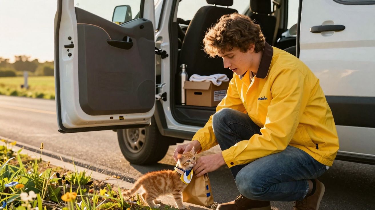 Homem de casaco amarelo agacha para ajudar gato laranja perto de carrinha branca estacionada à beira da estrada.