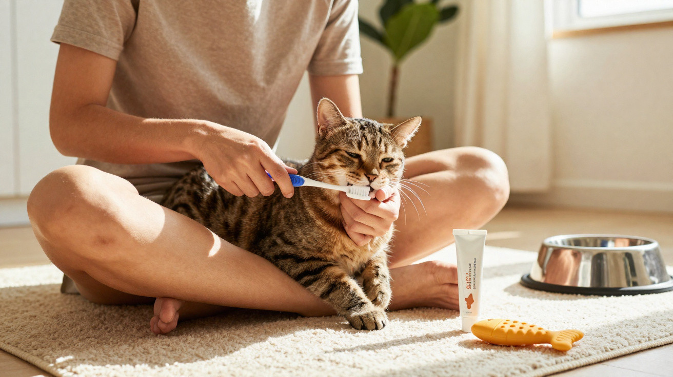 Pessoa sentada no chão a escovar os dentes de um gato tigrado num ambiente doméstico iluminado.