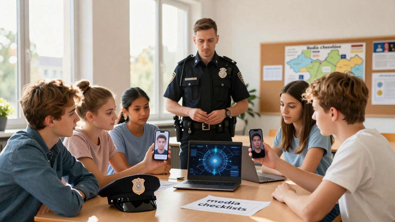 Polícia ensina grupo de alunos sobre identificação digital numa sala de aula iluminada.