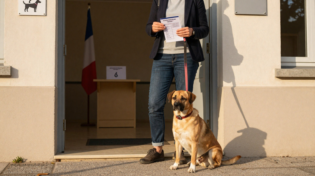 Pessoa com urna de voto na mão e cão sentado com trela à entrada de centro de voto.