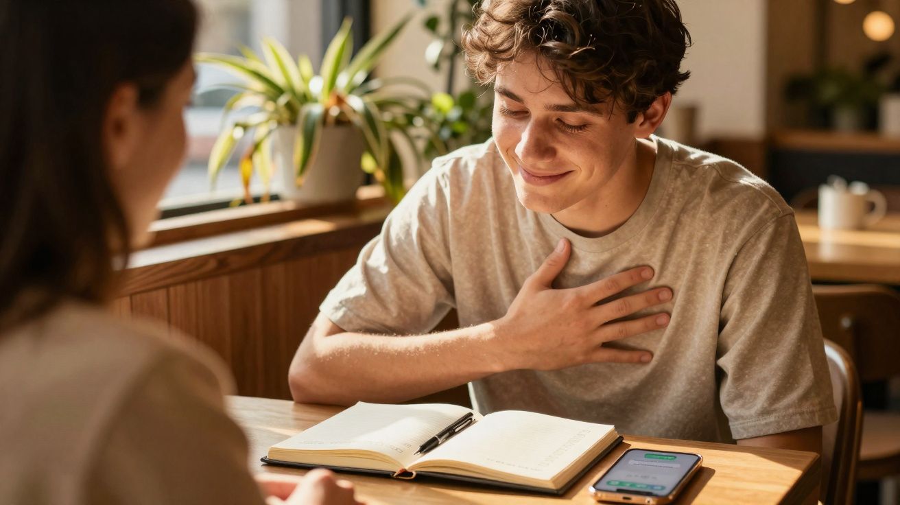 Jovem sorridente a expressar gratidão durante conversa com outra pessoa numa mesa com caderno e telemóvel.