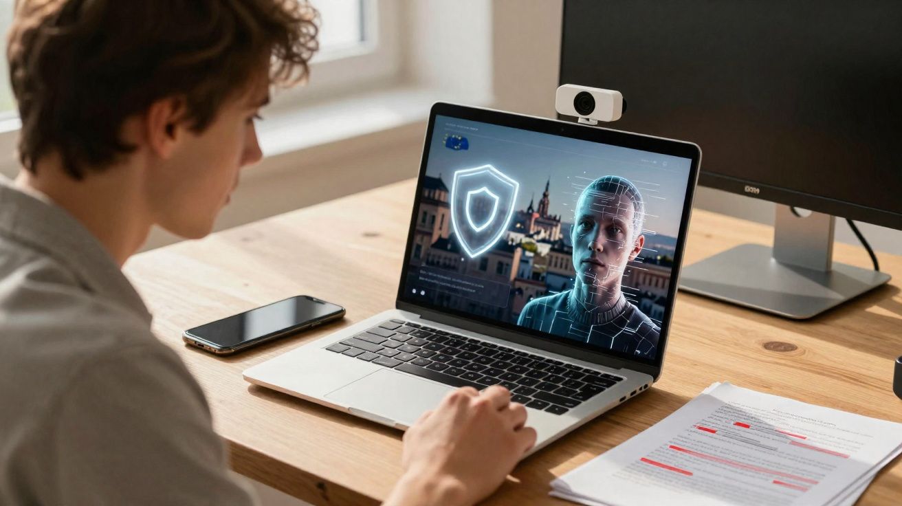 Jovem sentado numa mesa a usar laptop com reconhecimento facial e ícone de segurança no ecrã.