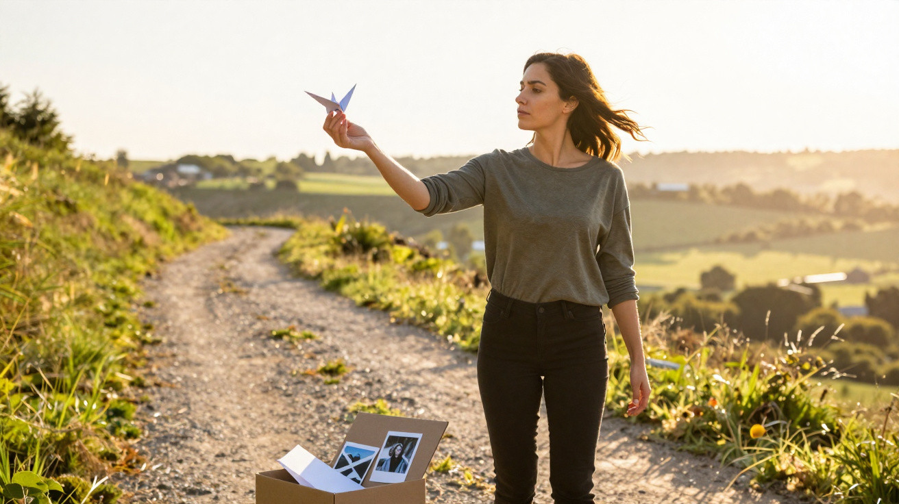 Mulher em trilho rural a lançar avião de papel ao pôr do sol, com caixa de fotos no chão ao lado.