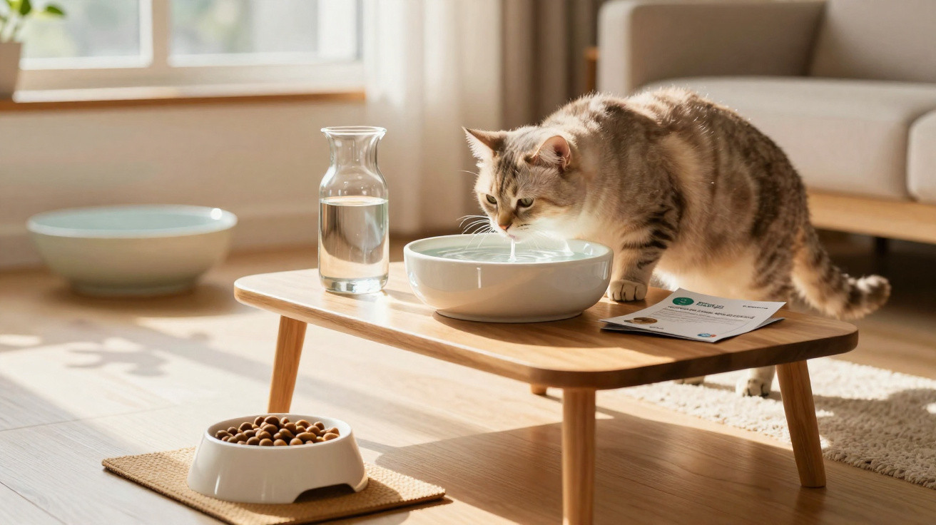 Gato cinzento a beber água numa tigela sobre mesa baixa em sala iluminada com comedouro no chão.