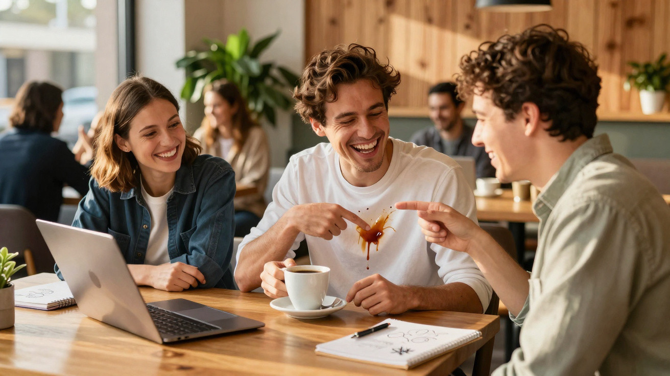 Três jovens sentados numa mesa de café, a rir enquanto um deles derrama café acidentalmente na t-shirt branca.