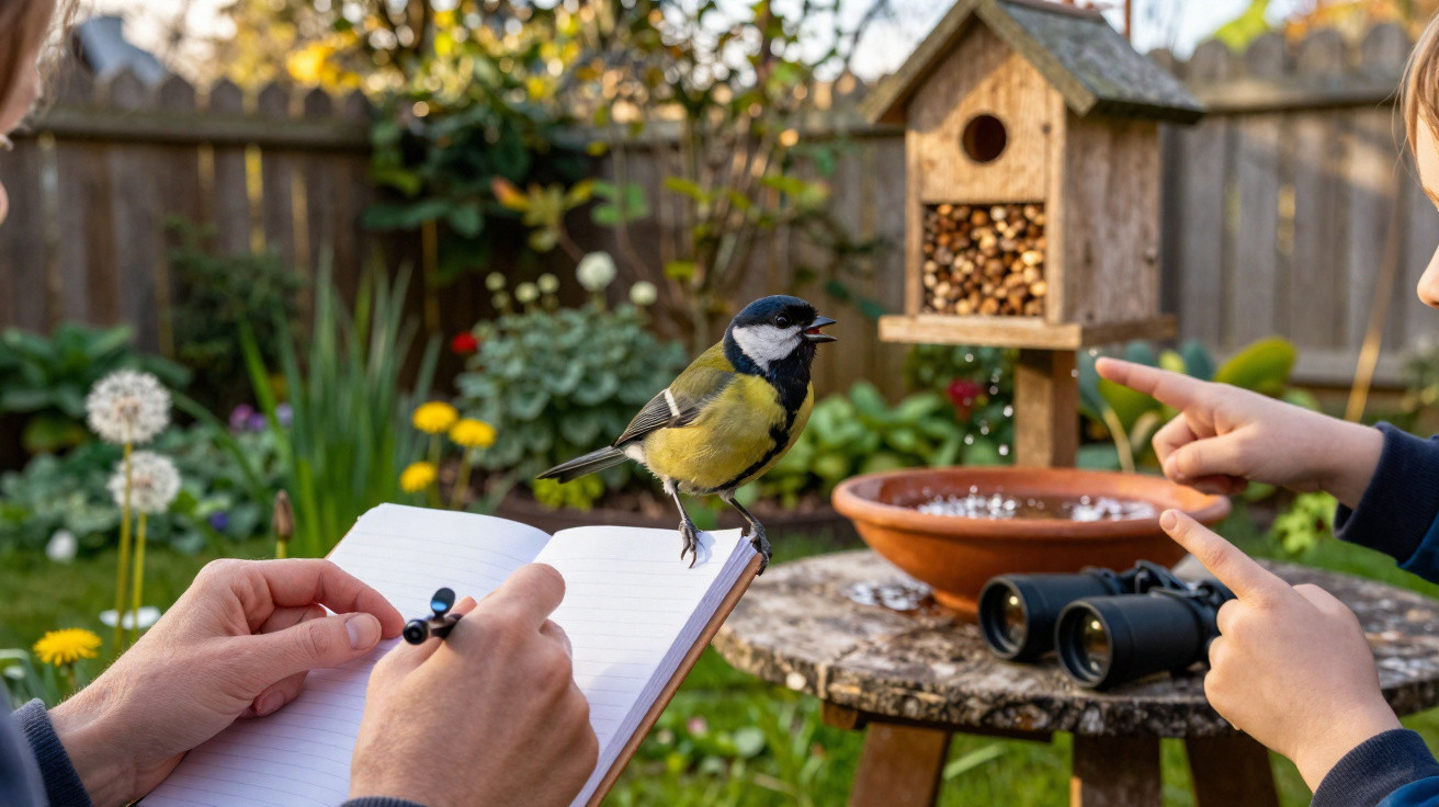 Pássaro pousado num caderno enquanto duas pessoas observam e escrevem num jardim com comedouro e binóculos.