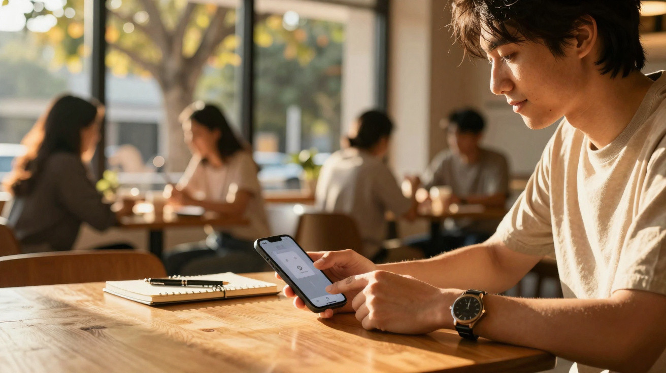Jovem a usar smartphone numa mesa de madeira, em café com outras pessoas ao fundo.