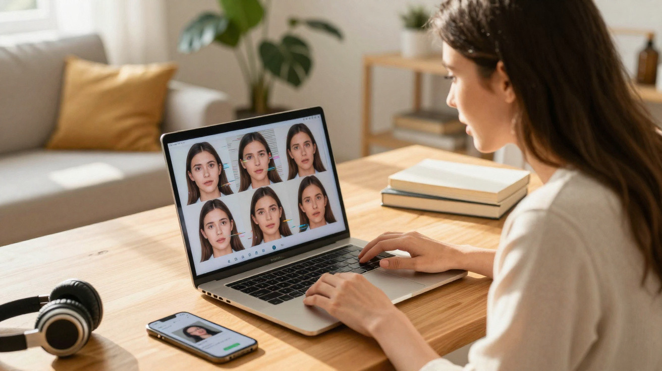 Mulher sentada a usar laptop com várias fotos dela em diferentes expressões faciais, smartphone e auscultadores na mesa.