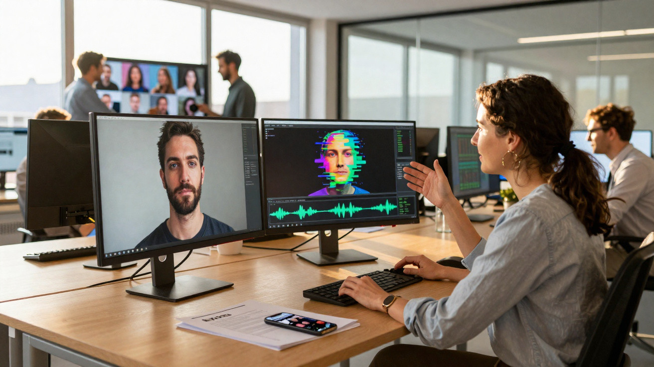 Mulher a trabalhar edição de vídeo em computador com dois ecrãs num escritório moderno e colaborativo.