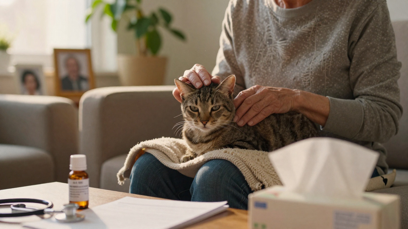 Pessoa a acariciar um gato no colo, sentada num sofá, com medicamentos e lenços numa mesa à frente.