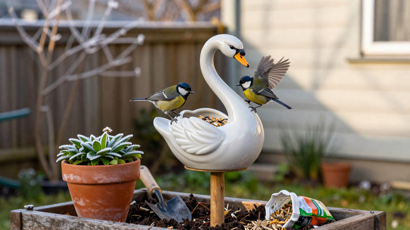 Pássaros pousados numa alimentar branca em forma de cisne num jardim com vaso de plantas e terra.