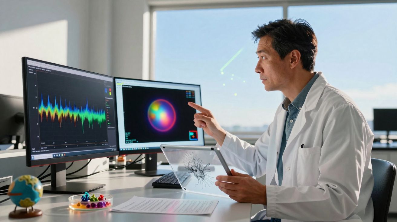 Cientista numa sala de laboratório analisa gráficos e imagens coloridas em dois ecrãs de computador.