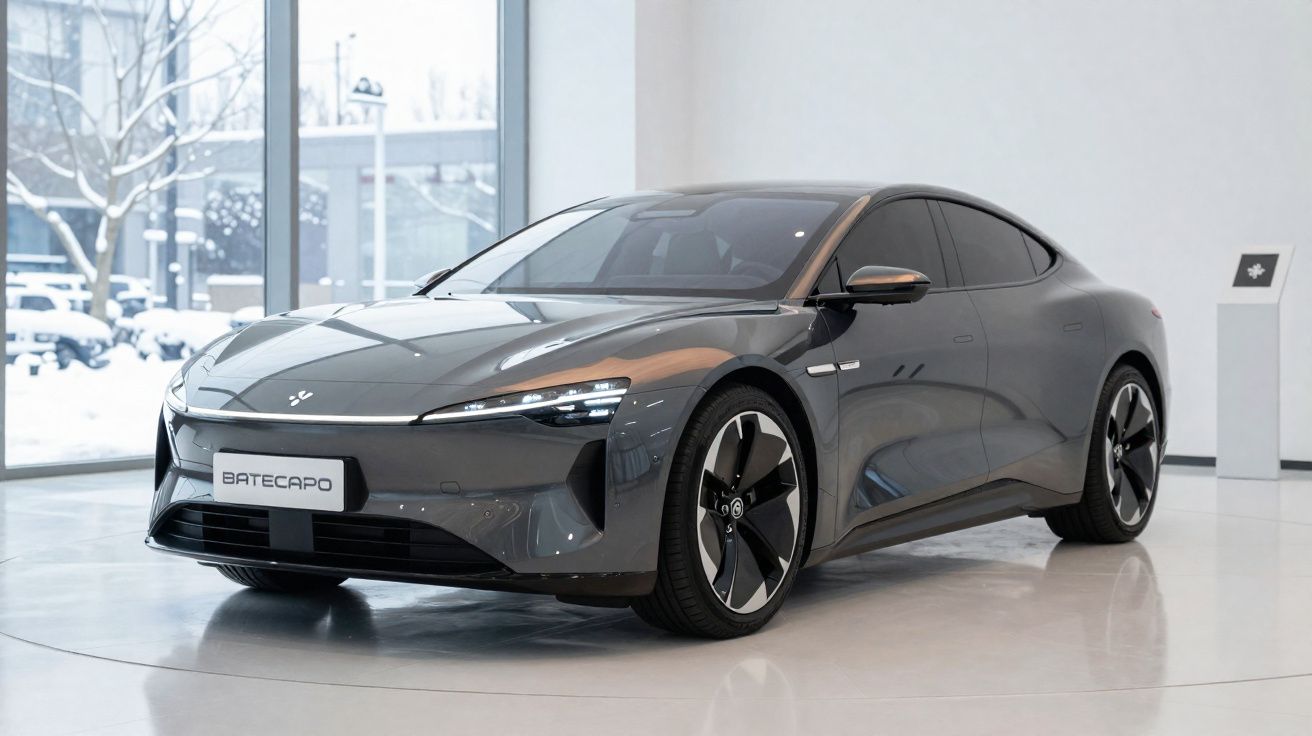 Carro elétrico cinza escuro Batecapo exposto em showroom moderno com grandes janelas e chão branco brilhante.