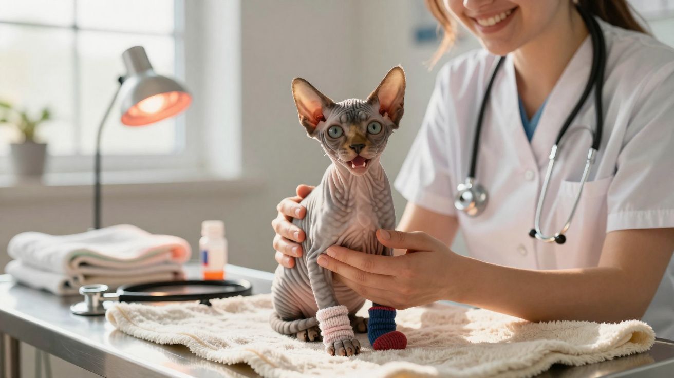 Veterinária a segurar gato Sphynx com proteções coloridas nas patas numa clínica.