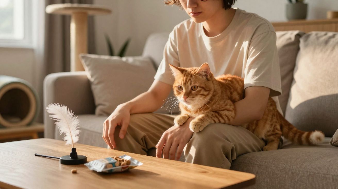 Pessoa sentada no sofá com gato laranja no colo, ao lado de mesa com brinquedo de penas e petiscos.
