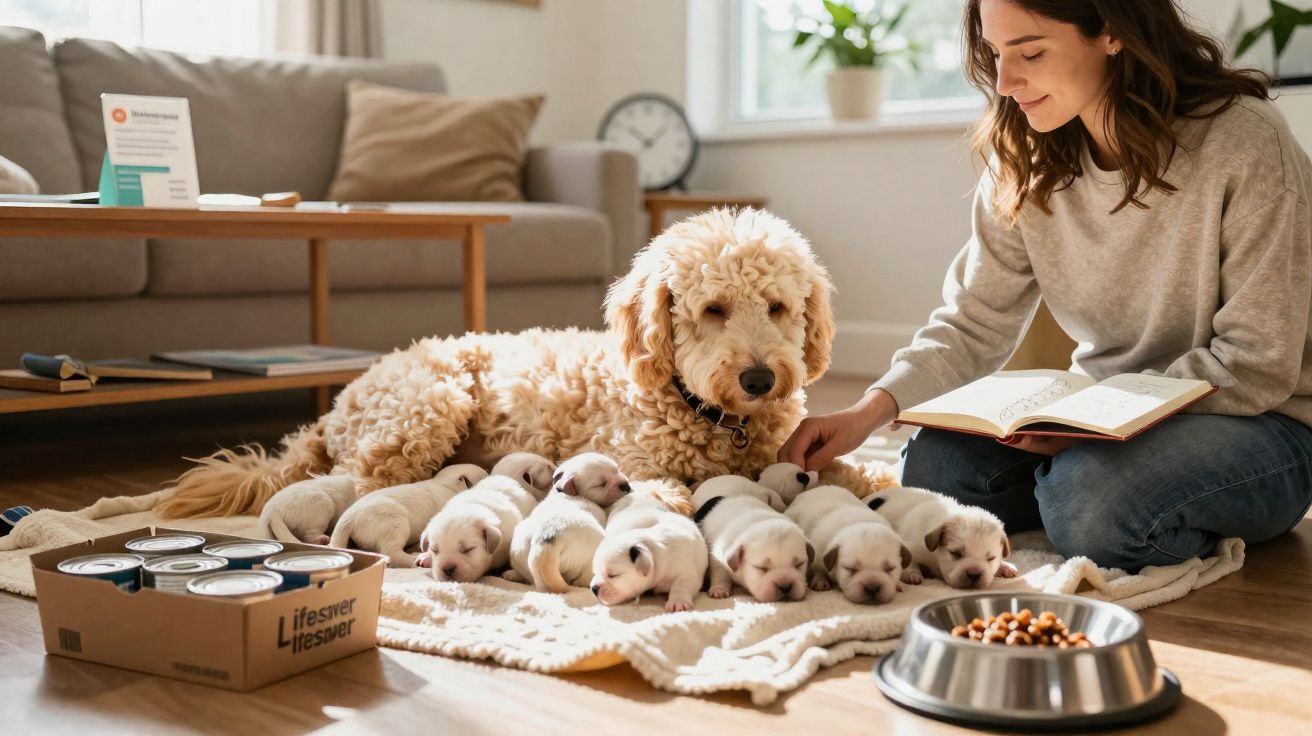 Mulher sentada no chão junto a cadela e seus cachorrinhos numa sala iluminada e acolhedora.