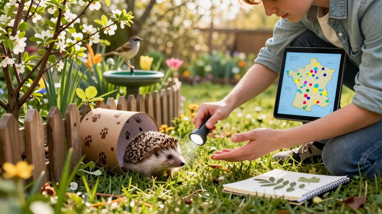Criança com tablet e lanterna observa ouriço num jardim com flores e plantas.