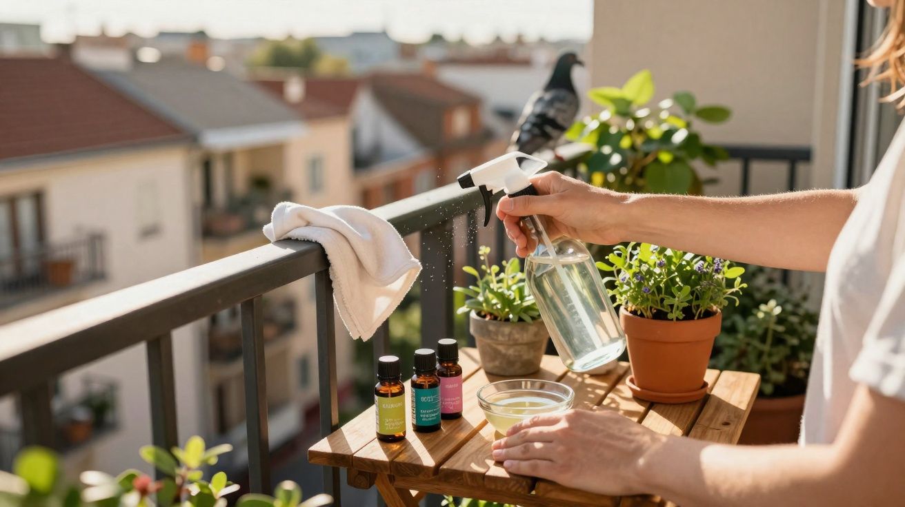 Pessoa a borrifar solução caseira num vaso com plantas numa varanda ensolarada.