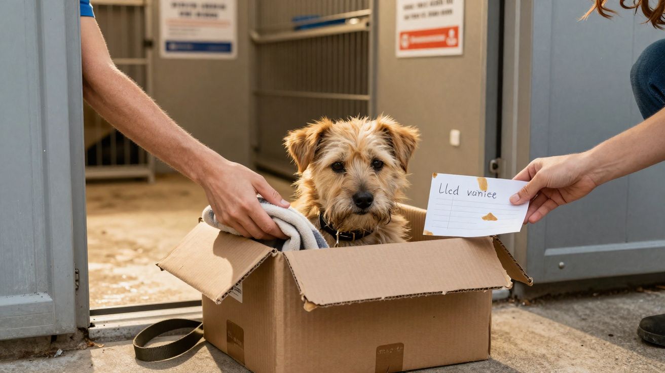 Cão amarelo dentro de caixa de cartão numa clínica veterinária com duas pessoas a segurá-lo.
