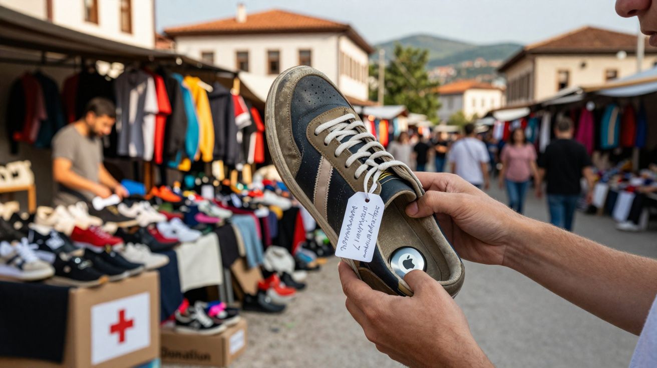 Pessoa segurando ténis com etiqueta num mercado ao ar livre com roupas e calçado à venda.
