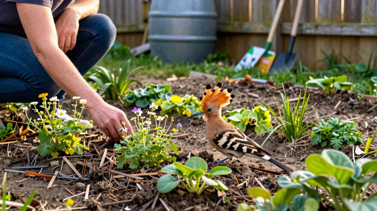 Pessoa a cuidar de plantas num jardim com pássaro colorido na terra próxima.