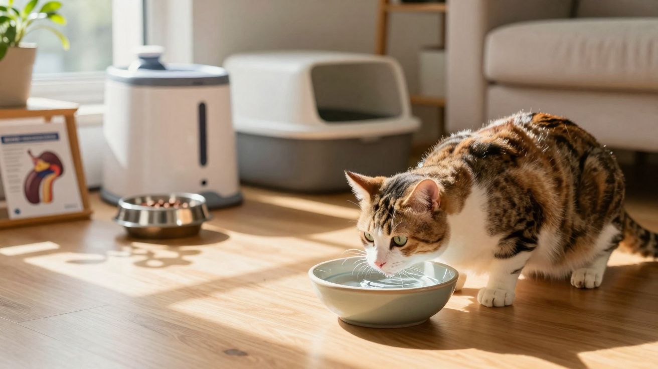 Gato tigrado a beber água numa taça no chão de uma sala bem iluminada com móveis e acessórios para animais.