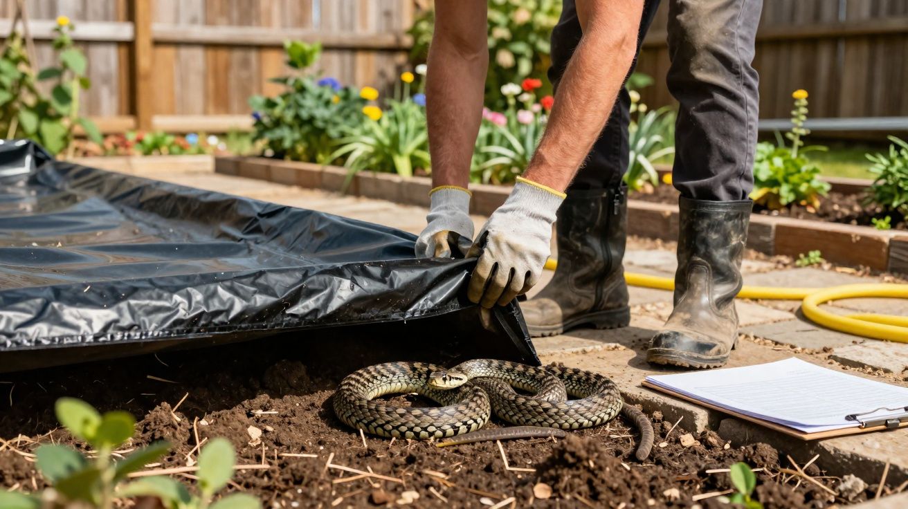 Pessoa com luvas e botas a remover plástico do solo revelando uma cobra enrolada no jardim.
