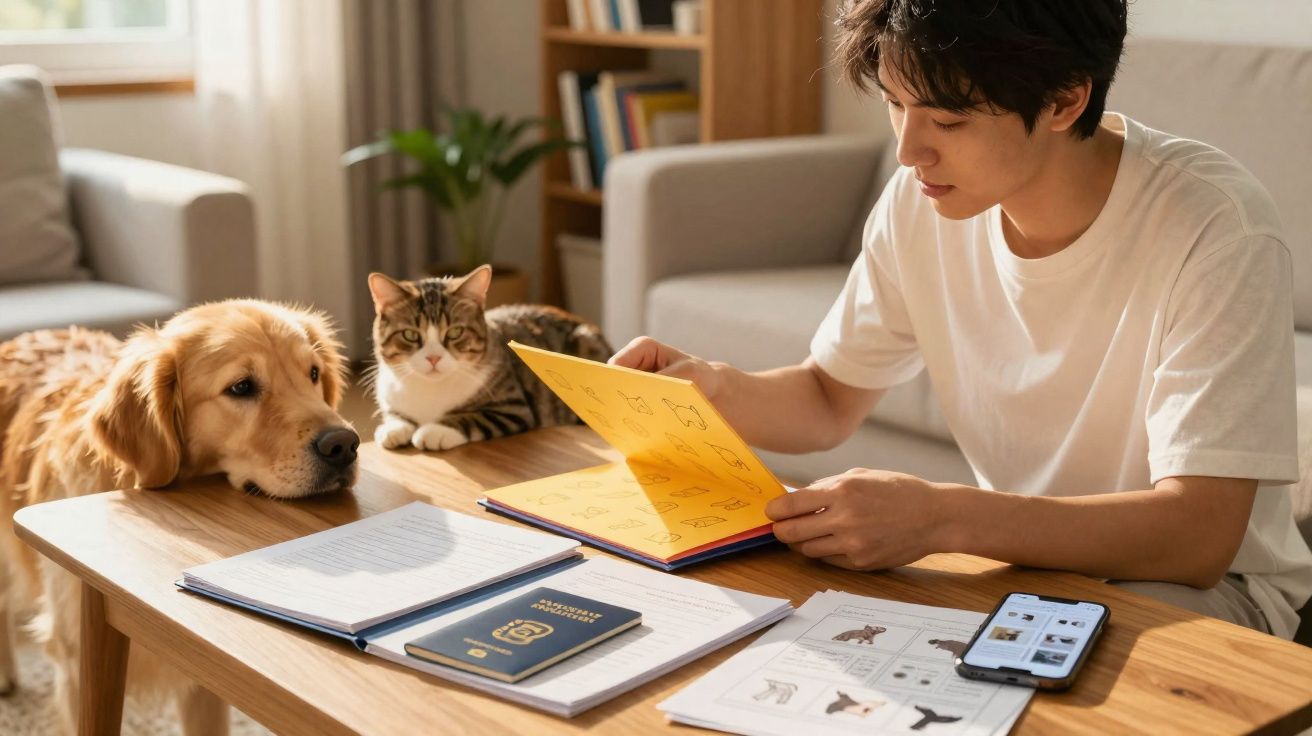 Jovem sentado a estudar em mesa com livro, catálogos, telemóvel, cão e gato atentos ao seu lado.