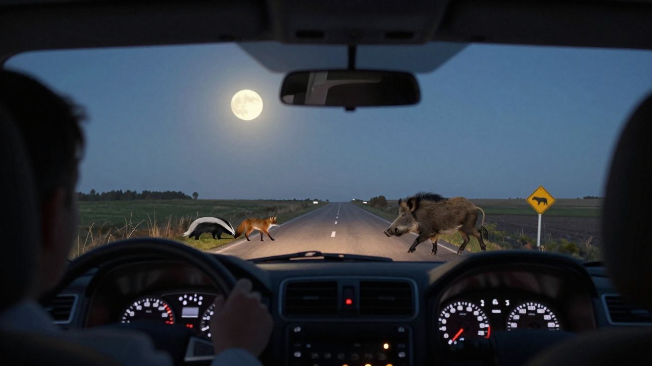 Vista do interior de um carro à noite com lua cheia, animais selvagens atravessando a estrada à frente.