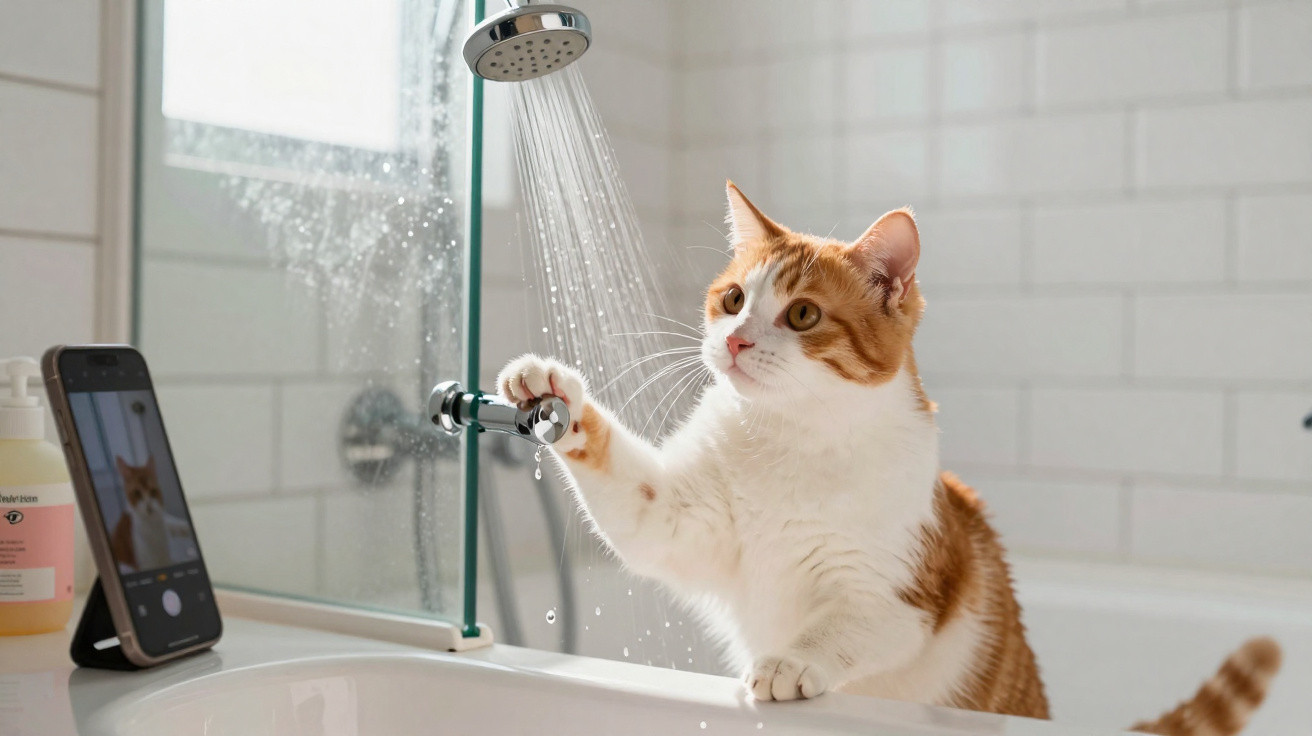 Gato laranja e branco a brincar com a torneira junto a chuveiro, enquanto é fotografado por um telemóvel.