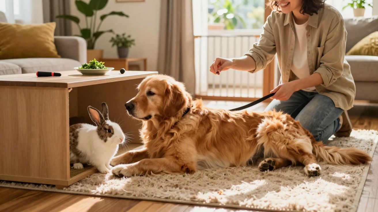 Mulher a dar petisco a cão Golden Retriever junto a coelho branco com manchas castanhas debaixo de mesa.