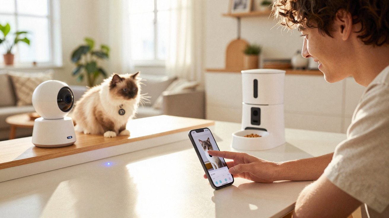 Pessoa a usar smartphone para ver gato enquanto este está em cima da bancada com câmara e comedouro automático.
