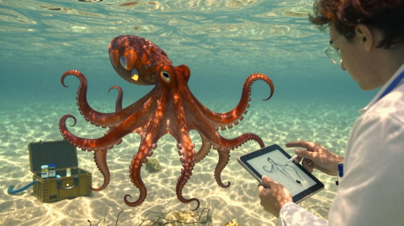 Polvo num aquário com superfície transparente, estudado por pessoa com tablet e aparelho científico subaquático.
