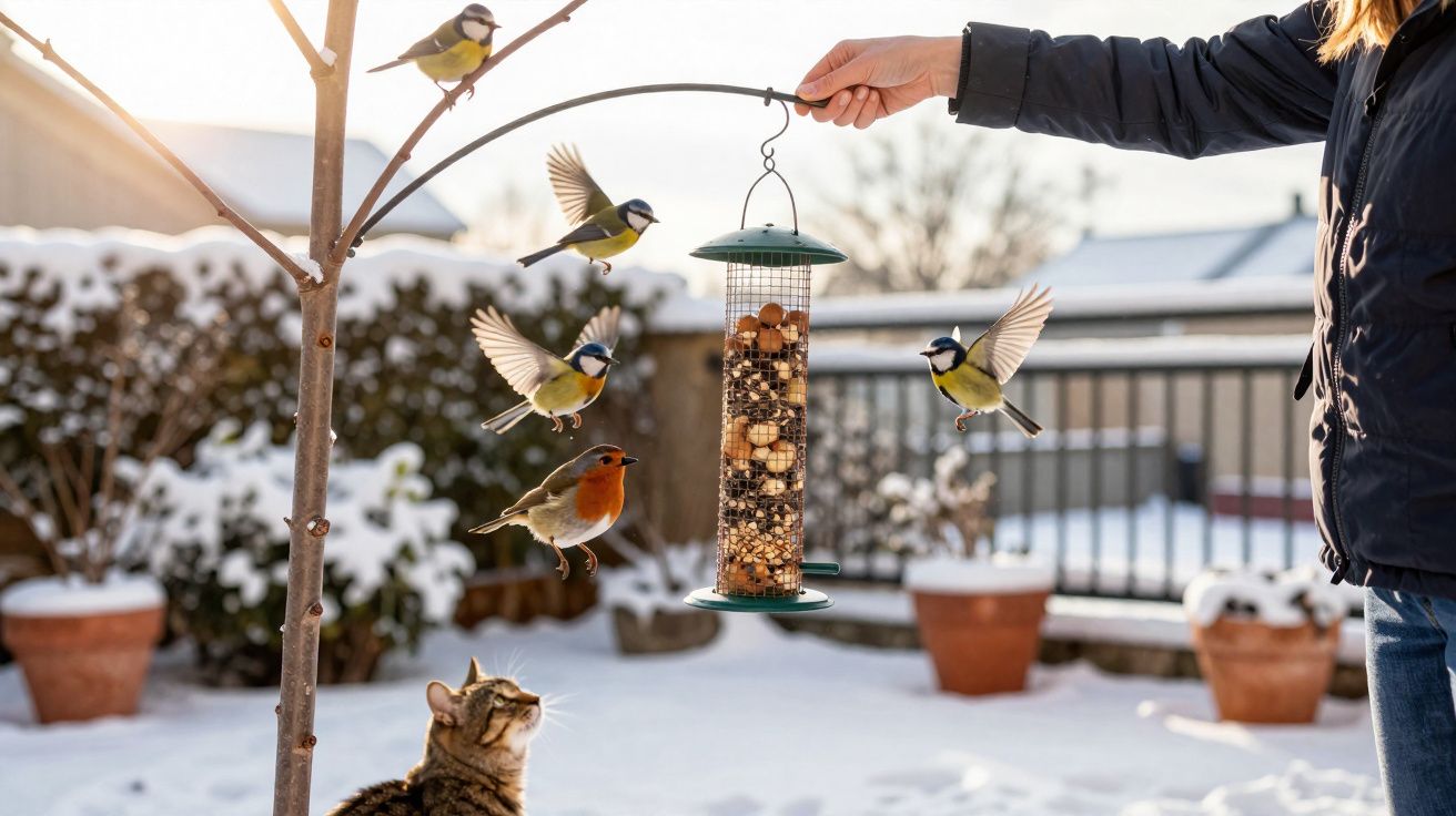 Pessoa segura alimentador de aves com vários pássaros e um gato observando na neve.