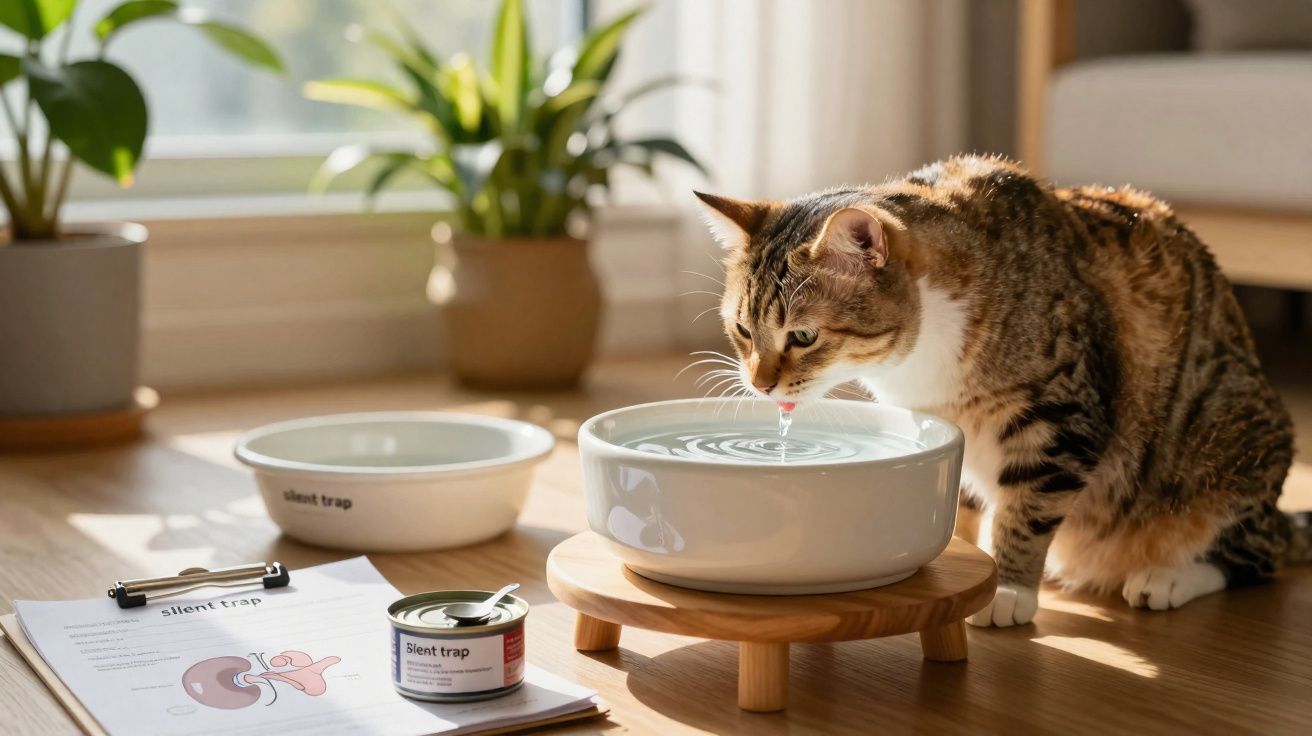 Gato a beber água de uma taça branca sobre suporte de madeira numa sala com luz natural e plantas ao fundo.