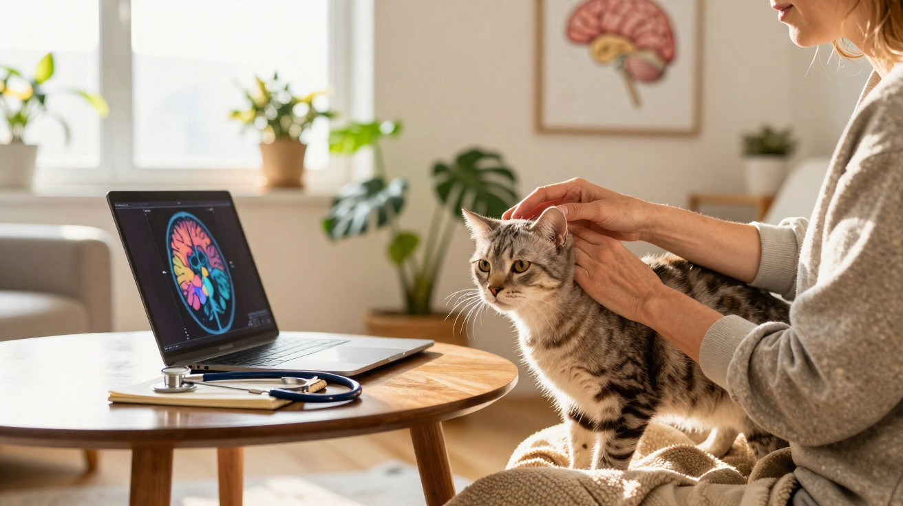 Pessoa a examinar um gato num ambiente acolhedor, com imagem cerebral num computador portátil na mesa ao lado.