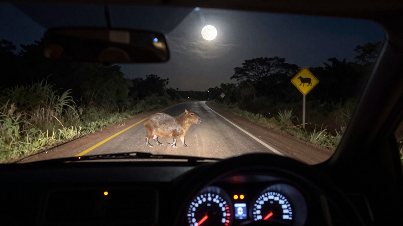 Vista noturna do interior de um carro com uma capivara atravessando estrada iluminada pela lua cheia.
