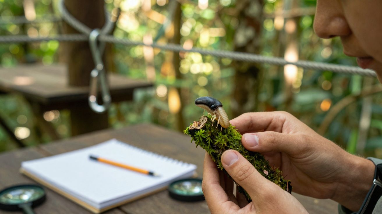 Pessoa a observar e segurar um insecto numa pequena planta com caderno e lupa ao fundo.