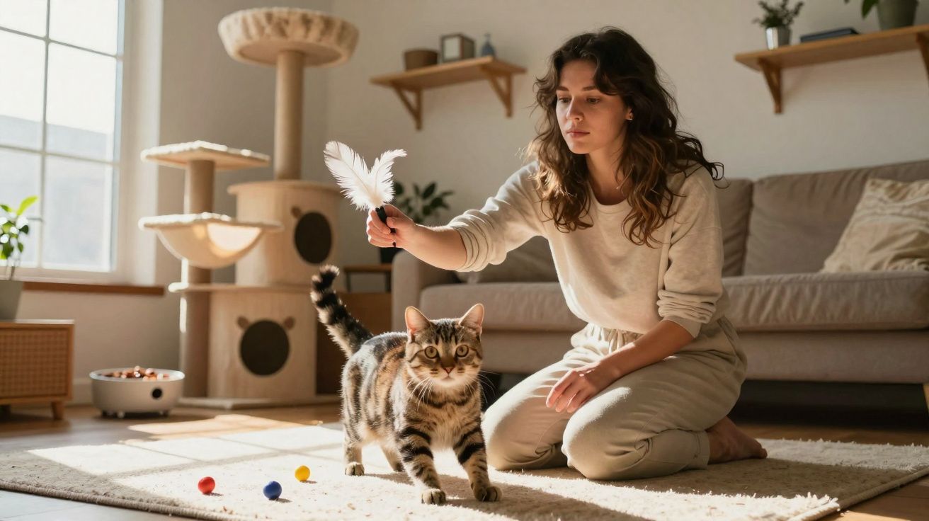 Mulher sentada no chão a brincar com gato com penas em sala de estar iluminada e confortável.