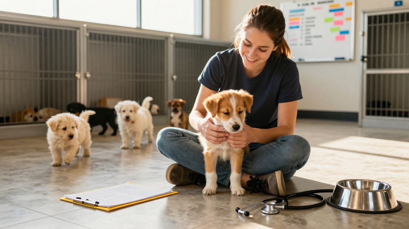 Mulher sorridente sentada no chão com cãozinho, rodeada de outros cachorros em espaço iluminado.