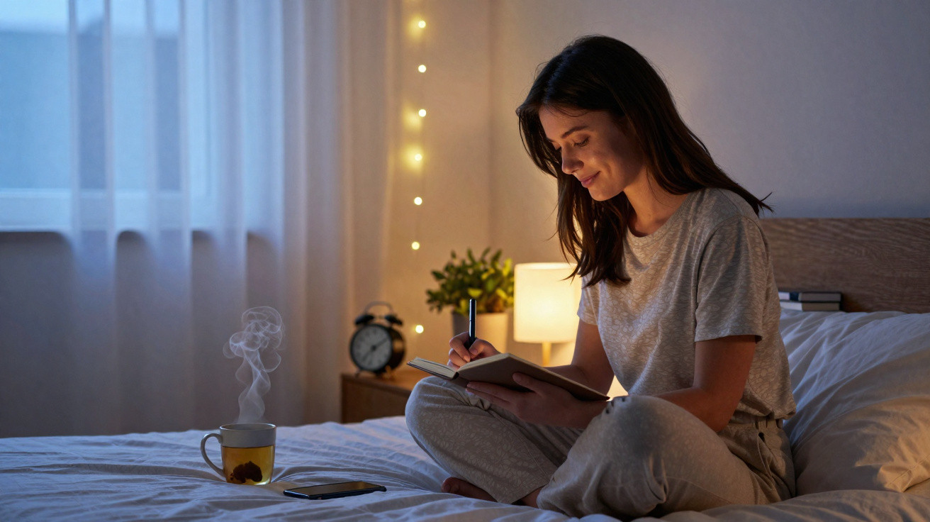 Mulher a sorrir sentada na cama a escrever num caderno, com chá a fumegar e ambiente acolhedor à noite.