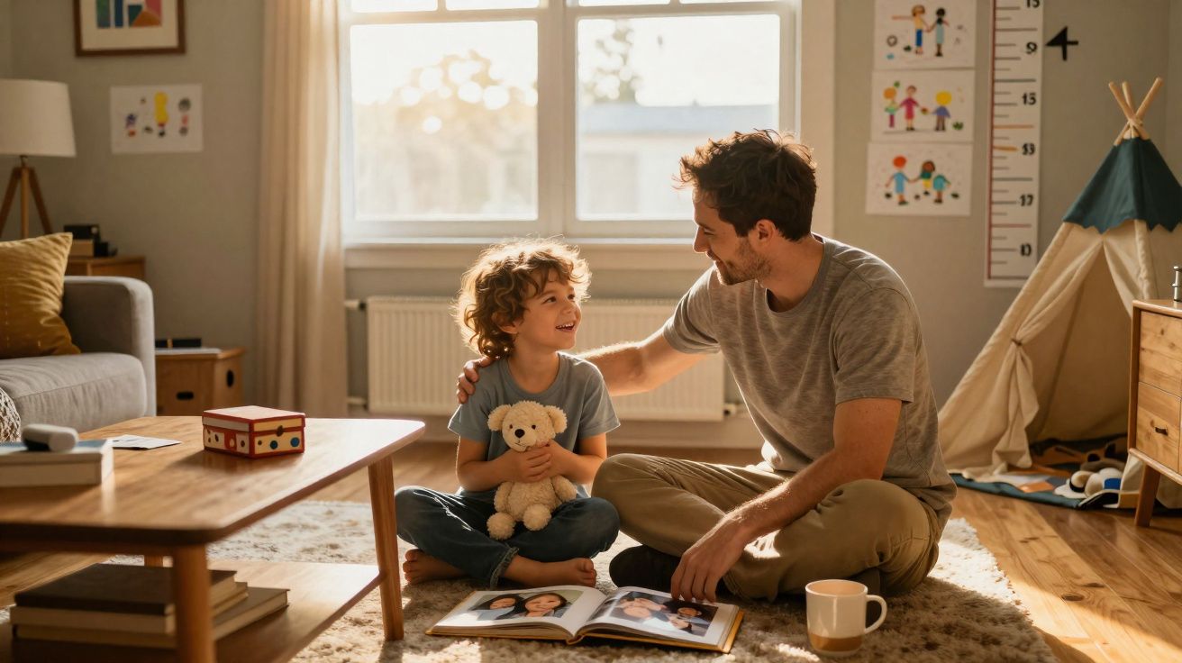 Pai e filho sentados no chão da sala a olhar um álbum de fotos, com o filho a segurar um ursinho de peluche.