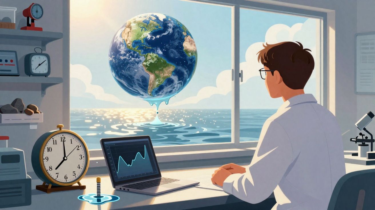 Cientista observa planeta Terra a derreter, com gráficos no computador e relógios numa sala iluminada.