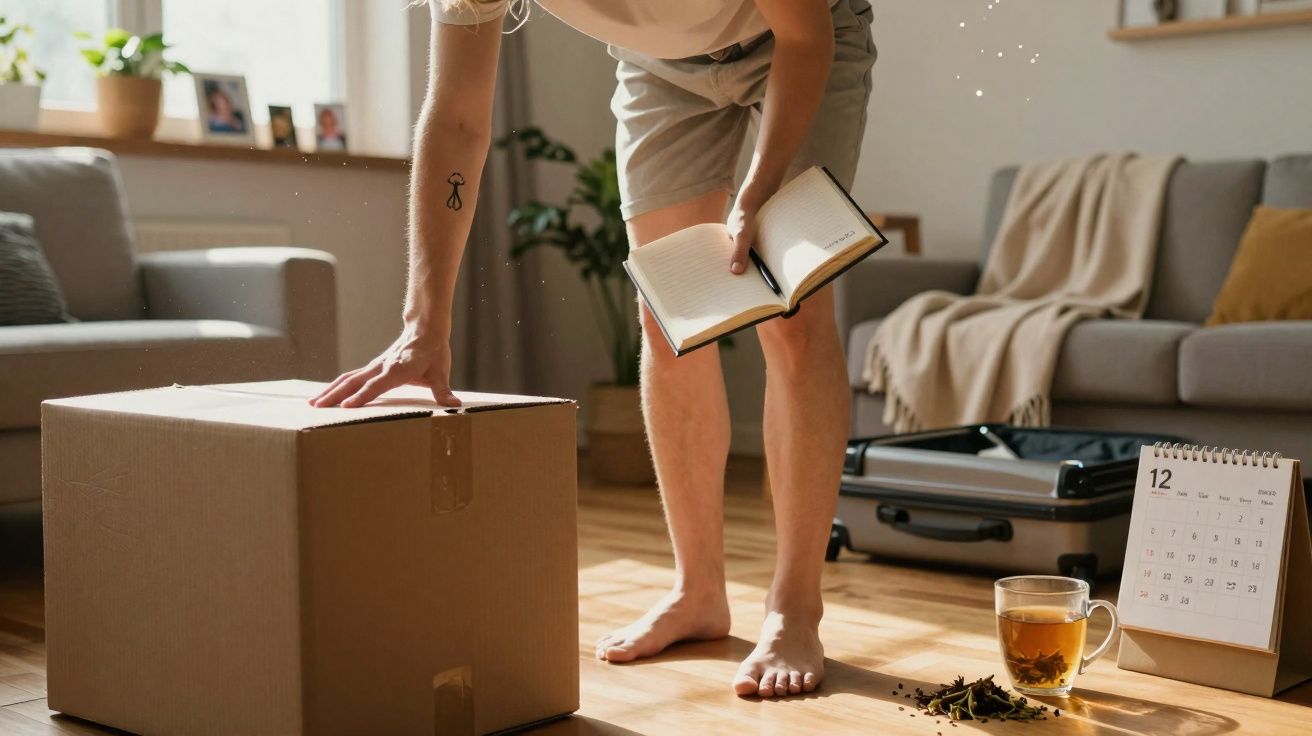 Pessoa com shorts lê livro enquanto está ao lado de caixa de papelão, mala aberta e chá num cenário interior.