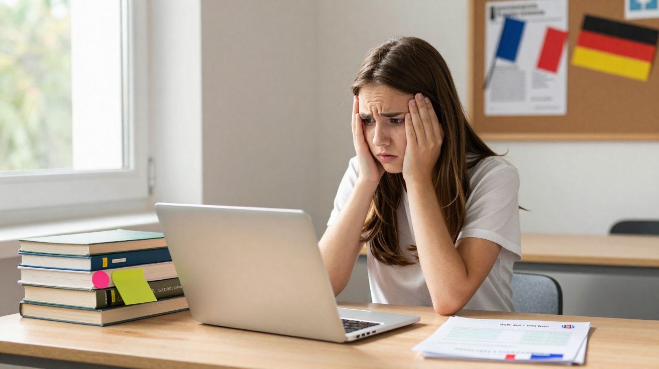 Estudante preocupada com as mãos na cabeça, sentada à secretária com computador, livros e documentos.