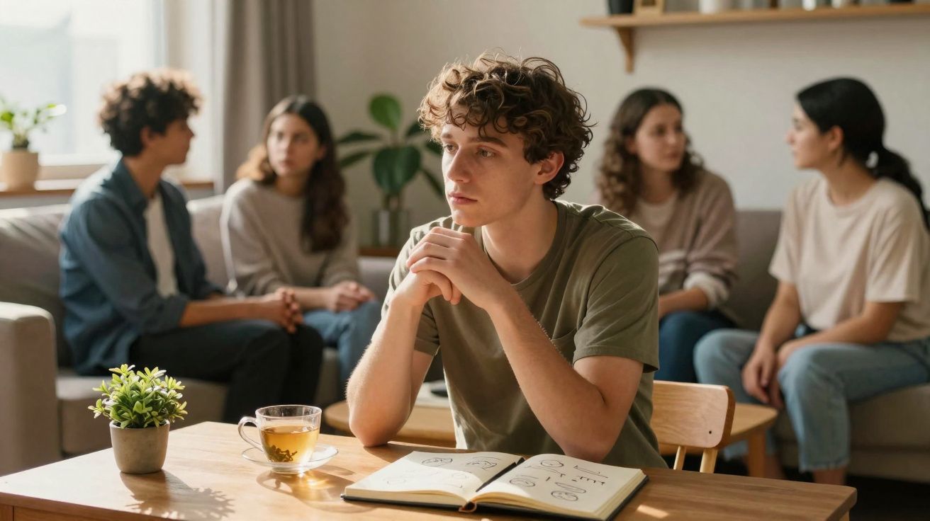 Jovem pensativo sentado à mesa com livro aberto, enquanto grupo conversa ao fundo numa sala iluminada.